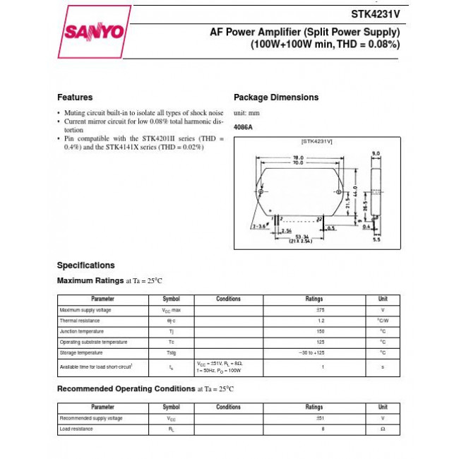 STK 4231V IC DUAL POWER AMPLIFIER