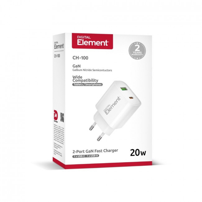 ΤΡΟΦΟΔΟΤΙΚΟ QC3.0 220V ΣΕ USB + TYPE C 20W GaN ΤΑΧΥΦΟΡΤΙΣΤΗΣ ELEMENT CH-100 ΛΕΥΚΟ