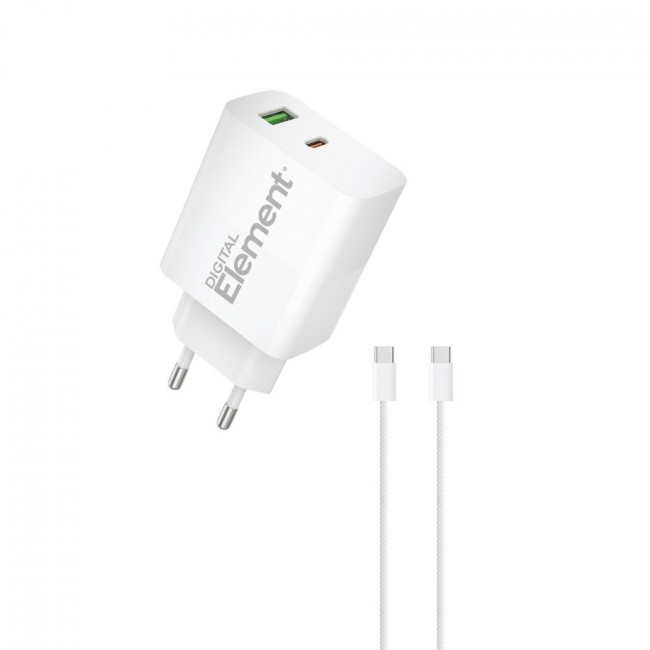 ΤΡΟΦΟΔΟΤΙΚΟ 220V ΣΕ USB + TYPE C PD 45W GaN ΜΕ ΚΑΛΩΔΙΟ USB-C 1m 65W ΤΑΧΥΦΟΡΤΙΣΤΗΣ ELEMENT CH-350 ΛΕΥΚΟ