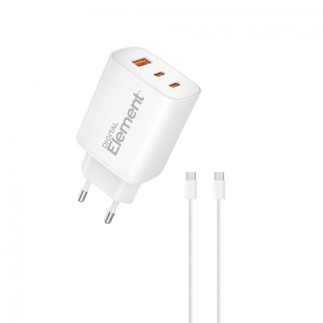 ΤΡΟΦΟΔΟΤΙΚΟ 220V ΣΕ USB + TYPE C PD 65W GaN ΜΕ ΚΑΛΩΔΙΟ USB-C 1m 100W ΤΑΧΥΦΟΡΤΙΣΤΗΣ ELEMENT CH-450 ΛΕΥΚΟ