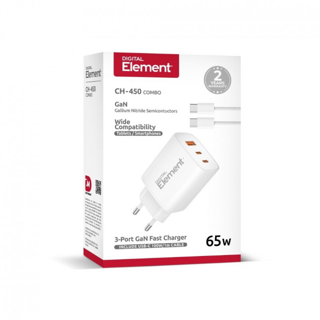 ΤΡΟΦΟΔΟΤΙΚΟ 220V ΣΕ USB + TYPE C PD 65W GaN ΜΕ ΚΑΛΩΔΙΟ USB-C 1m 100W ΤΑΧΥΦΟΡΤΙΣΤΗΣ ELEMENT CH-450 ΛΕΥΚΟ