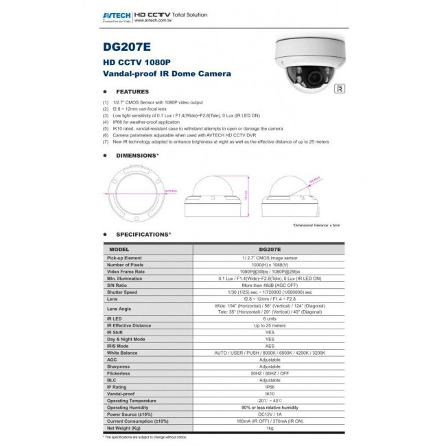 DG 207EP/F28F12 ΚΑΜΕΡΑ DOME VARIFOCAL AVTECH