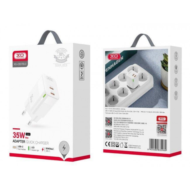 XO CE07 ΤΡΟΦΟΔΟΤΙΚΟ PD 220V ΣΕ 2xTYPE C 35W GaN ΛΕΥΚΟ