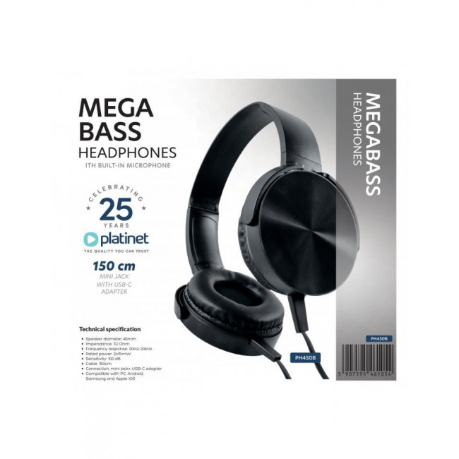 PH 450B ΑΚΟΥΣΤΙΚΑ ΜΕ ΜΙΚΡΟΦΩΝΟ ΚΑΛΩΔΙΟ 1.5m ΜΕ USB C PLATINET ΜΑΥΡΑ
