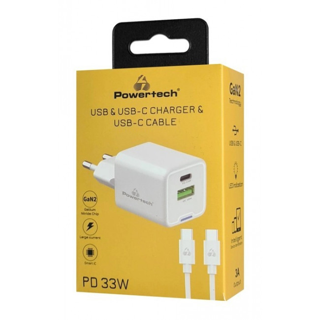 ΤΡΟΦΟΔΟΤΙΚΟ QC3.0 220V ΣΕ USB ΚΑΙ TYPE-C 33W GaN POWERTECH PT-1249