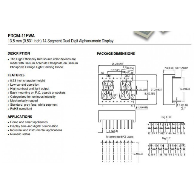 DISPLAY LED ΚΟΙΝΗΣ ΚΑΘΟΔΟΥ ΔΙΠΛΟ KOKKINO 13,5mm PDC54-11EWA
