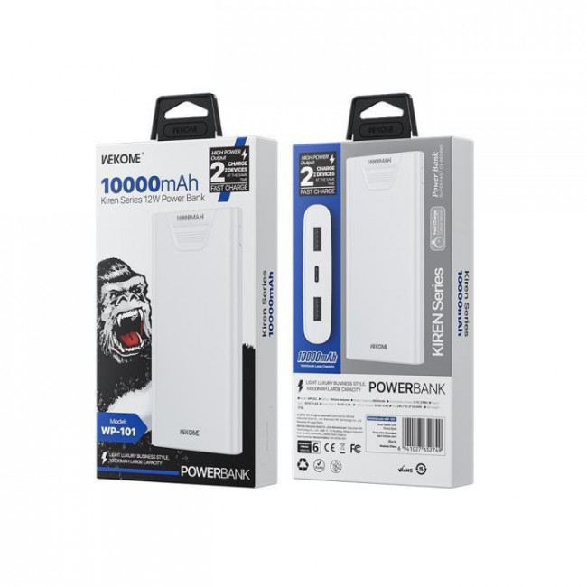 POWER BANK 10000mAh 12W USBx2 WK WP-101 ΛΕΥΚΟ