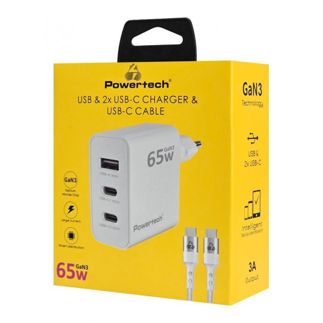 ΤΡΟΦΟΔΟΤΙΚΟ QC3.0 220V ΣΕ USB +2 TYPE C+ ΚΑΛΩΔΙΟ 65W ΤΑΧΥΦΟΡΤΙΣΤΗΣ POWERTECH PT-1378