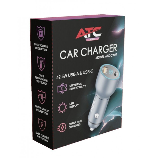 ATC-CA09 ΦΟΡΤΙΣΤΗΣ ΑΥΤΟΚΙΝΗΤΟΥ USB-A+ TYPE-C 42.5W ΜΕ LED DISPLAY ΜΑΥΡΟΣ