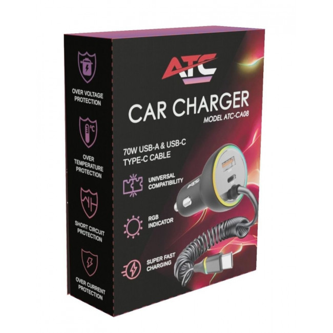 ATC-CA08 ΦΟΡΤΙΣΤΗΣ ΑΥΤΟΚΙΝΗΤΟΥ USB-A+ 2xTYPE-C 70W ΜΕ LED DISPLAY ΜΑΥΡΟΣ
