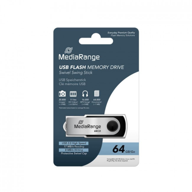 USB 2.0 MNHMH 64GB ΜΑΥΡΟ/ΑΣΗΜΙ MEDIARANGE
