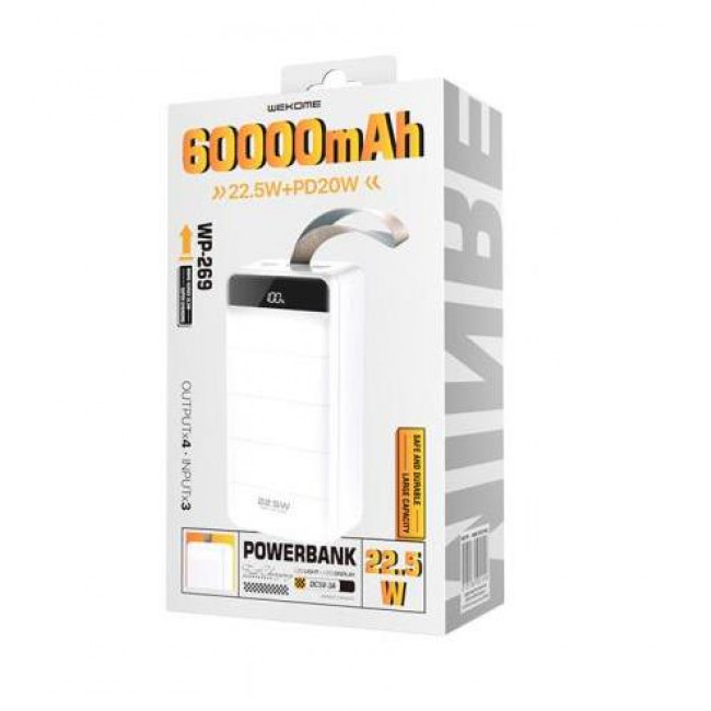 POWER BANK 60000mA PD20W+3xQC3.0 USB WEKOME ΛΕΥΚΟ WP-269