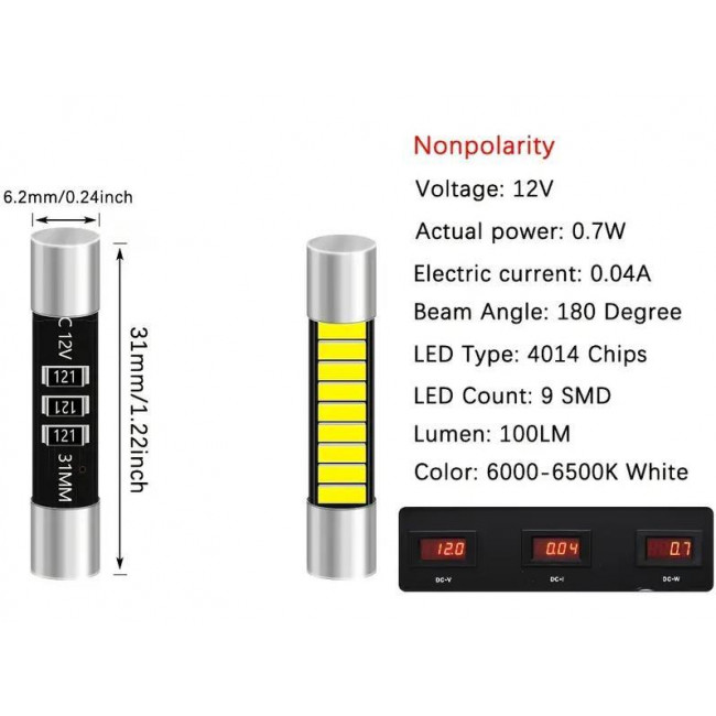 ΛΑΜΠΑ LED ΑΥΤΟΚΙΝΗΤΟΥ 12V ΣΩΛΗΝΩΤΗ FESTOON 31mm ΜΕ 9 LED T6 4014
