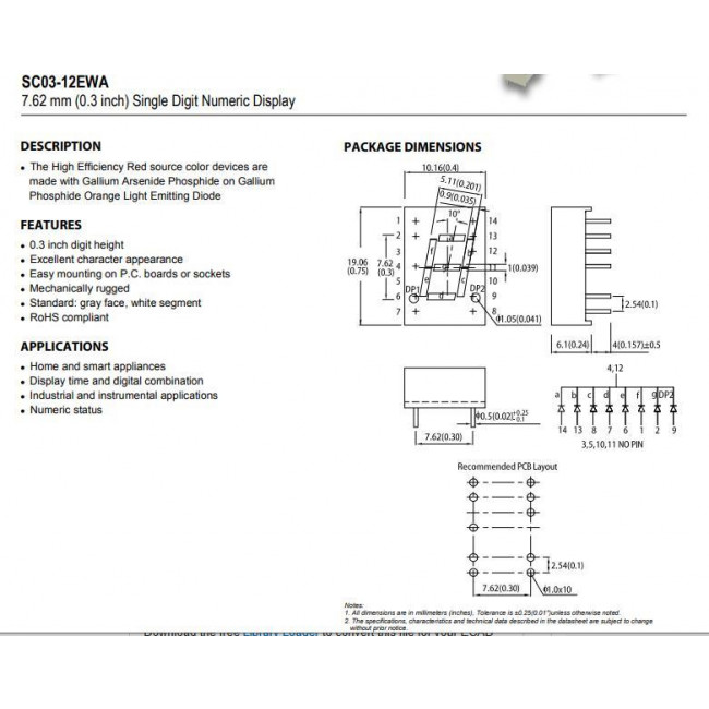 DISPLAY LED ΚΟΙΝΗΣ ΚΑΘΟΔΟΥ  ΚΟΚΚΙΝΟ 10.16 mm x 19.06 mm x 6.1 mm SC03-12EWA