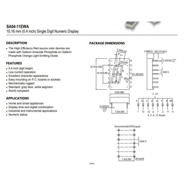DISPLAY LED ΚΟΙΝΗΣ ΑΝΟΔΟΥ  ΚΟΚΚΙΝΟ 18.75x9.8mm 7 SEGMENT SA04-11EWA
