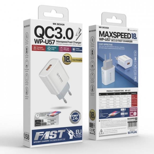 ΤΡΟΦΟΔΟΤΙΚΟ QC3.0 220V ΣΕ USB 18W ΤΑΧΥΦΟΡΤΙΣΤΗΣ  ΜΕ MICRO USB WP-U57