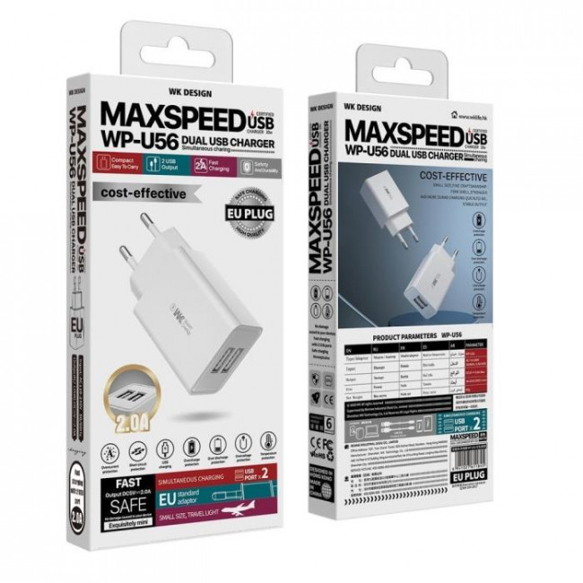 WP U56 ΤΡΟΦΟΔΟΤΙΚΟ 220V ΣΕ 2xUSB 5V 2A ΚΑΙ ΚΑΛΩΔΙΟ ΜΙCRO USB