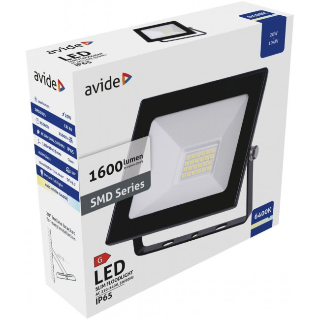 ΠΡΟΒΟΛΕΑΣ LED 20W 230V 6400K IP65 SLIM ΜΑΥΡΟΣ