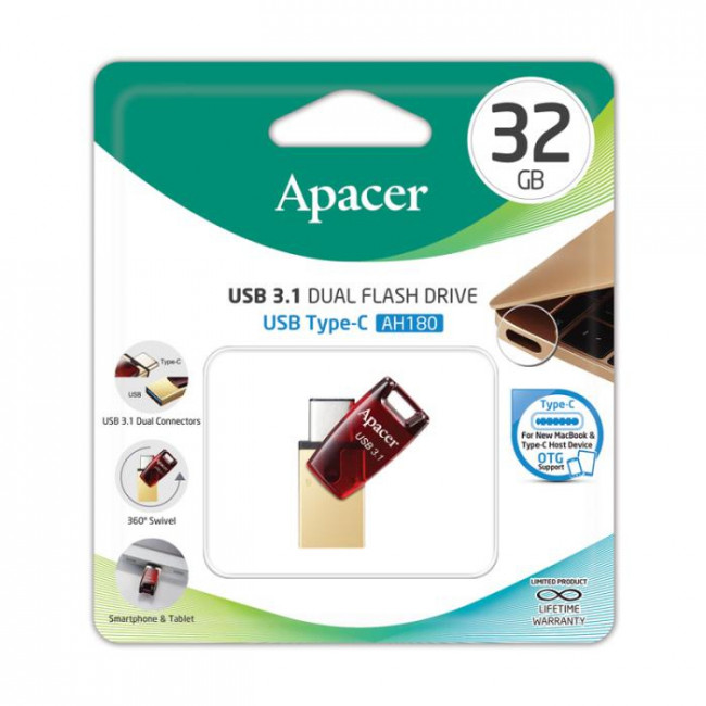 USB 3.1 GEN ΚΑΙ USB TYPE-C OTG ΜΝΗΜΗ 32GB AH180 ΚΟΚΚΙΝΟ APACER