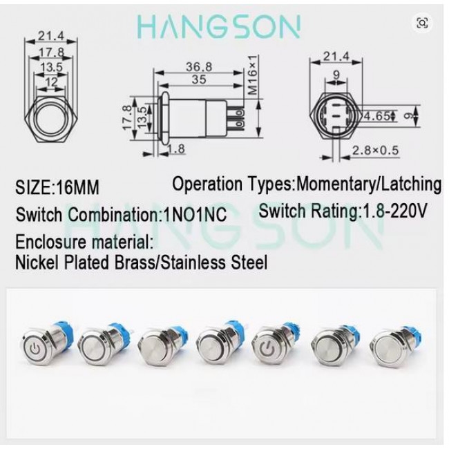 ΔΙΑΚΟΠΤΗΣ ΠΑΤΗΤΟΣ ΦΩΤΙΖΟΜΕΝΟΣ 16mm ΚΟΚΚΙΝΟΣ  NICKEL ΑΔΙΑΒΡΟΧΟΣ ΟΝ-OFF 220V/3Α  Φ16