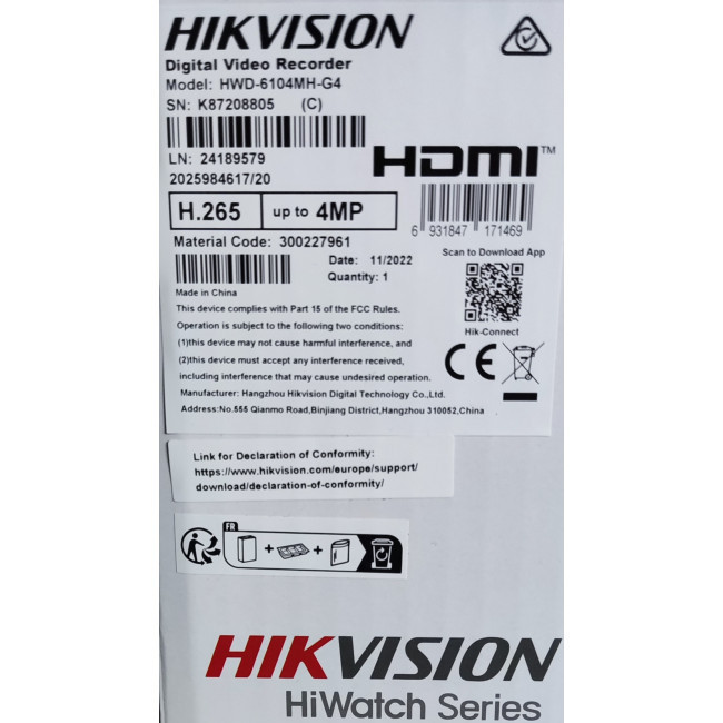 ΚΑΤΑΓΡΑΦΙΚΟ HIKVISION/HiWatch HWD-6104MH-G4 4CH Turbo HD H.265 4MP