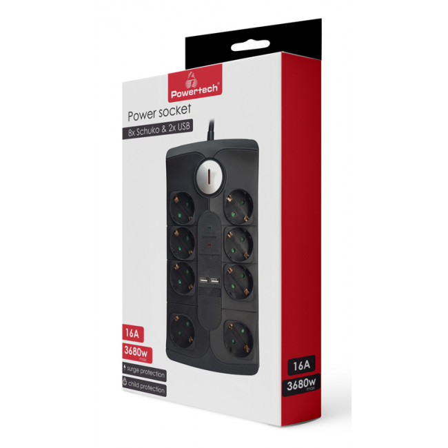 ΠΟΛΥΠΡΙΖΟ ΠΡΟΣΤΑΣΙΑΣ ΑΠΟ ΥΠΕΡΤΑΣΗ  8 ΘΕΣΕΩΝ ΜΕ 2 USB 16Α ΜΑΥΡΟ 2m