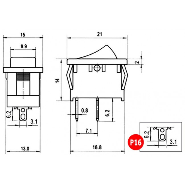ΔΙΑΚΟΠΤΗΣ ΚΟΥΝΙΑΣ 15x21mm ΟΝ-OFF 2 ΕΠΑΦΩΝ 6A/250V ΜΑΥΡΟΣ (Ι/0)