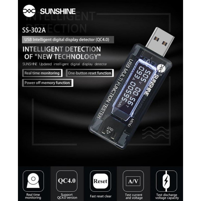 USB TESTER ΦΟΡΤΙΣΗΣ SS 302A V/A/Time/mAn SUNSHINE