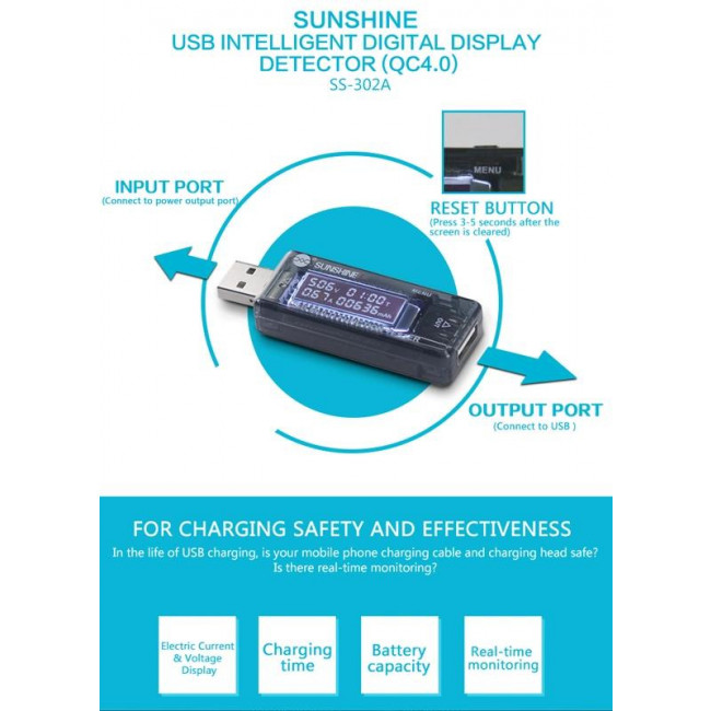 USB TESTER ΦΟΡΤΙΣΗΣ SS 302A V/A/Time/mAn SUNSHINE