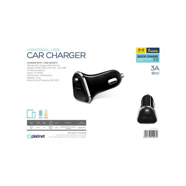 PLCRQ1B ΤΡΟΦΟΔΟΤΙΚΟ ΑΥΤΟΚΙΝΗΤΟΥ QC 3.0 3A 18W PLATINET ΜΑΥΡΟ