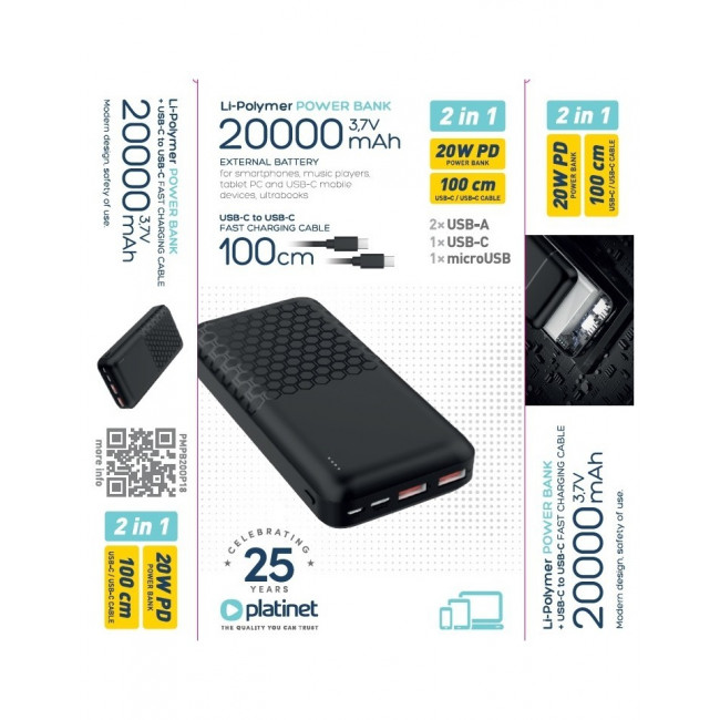 POWER BANK 20000mAh PD 20W 2USB & MICRO+TYPE-C ΜΑΥΡΟ PLATINET
