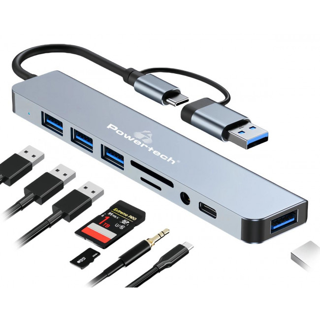 PTR-0151 TYPE-C/ USB-A  8 in 1 MULTI HUB 2xUSB 3.2 & 2xUSB 2.0 & CARD READER & 3.5mm AUDIO ΑΣΗΜΙ
