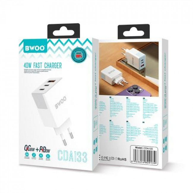 CDA 133  ΤΡΟΦΟΔΟΤΙΚΟ 220V 1xUSB  QC3.0 + 2xUSB TYPE C 40W FAST CHARGING ΦΟΡΤΙΣΤΗΣ BWOO