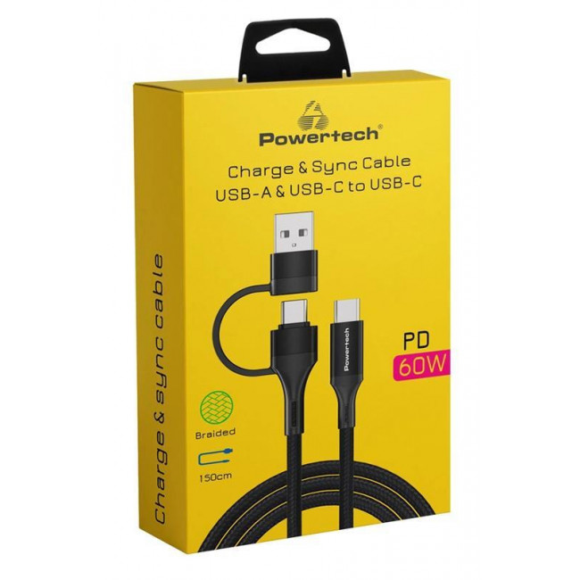 USB C - USB TYPE-C + USB A ΚΑΛΩΔΙΟ 1.5m 60W ΜΑΥΡΟ POWERTECH