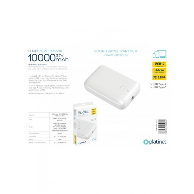 POWER BANK 10000mAh PD22,5W QC EV-BATTERY 1400 Cycles ΛΕΥΚΟ