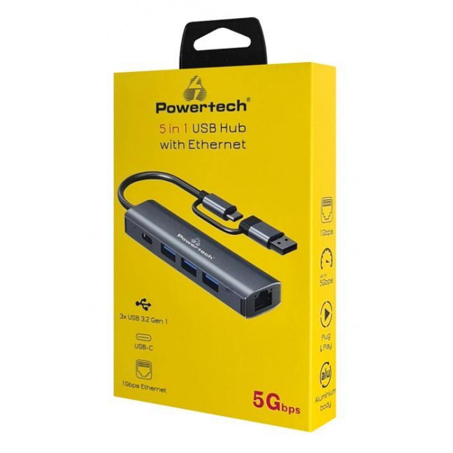 USB 3.0 HUB 1:4 4 ΘΥΡΩΝ 5Gbps & ΑΝΤΑΠΤΟΡΑΣ ΔΙΚΤΥΟΥ 1GBPS PTR-0150 POWERTECH