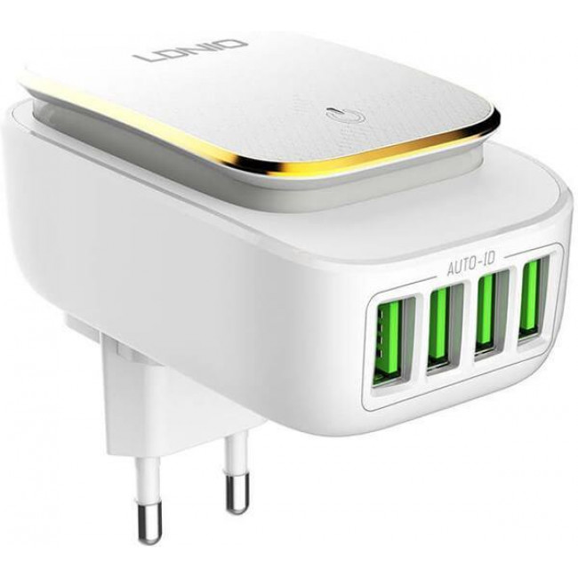 ΤΡΟΦΟΔΟΤΙΚΟ 220V 4xUSB 22W QC3.0 ΛΕΥΚΟ+ΦΩΤΑΚΙ ΝΥΚΤΟΣ LDNIO A4405