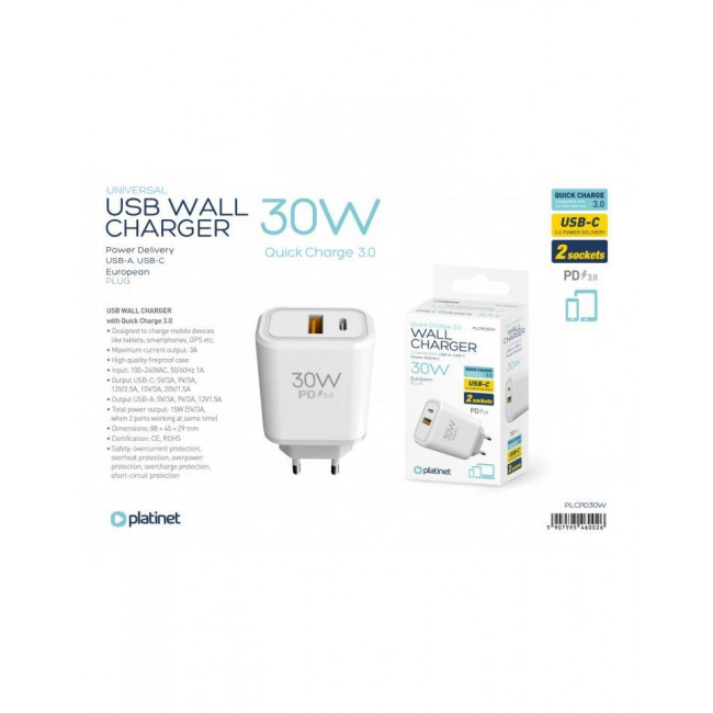 ΤΡΟΦΟΔΟΤΙΚΟ QC3.0 220V ΣΕ USB ΚΑΙ TYPE-C 30W ΤΑΧΥΦΟΡΤΙΣΤΗΣ PLATINET