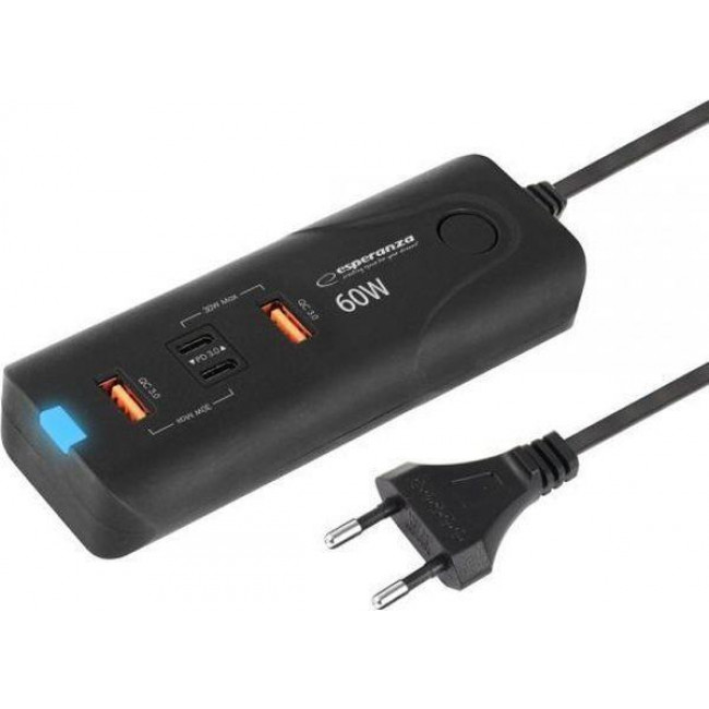 ΤΑΧΥΦΟΡΤΙΣΤΗΣ ΜΕ ΚΑΛΩΔΙΟ 220V 2 USB QC3.0+2 USB TYPE C  60W EZC109