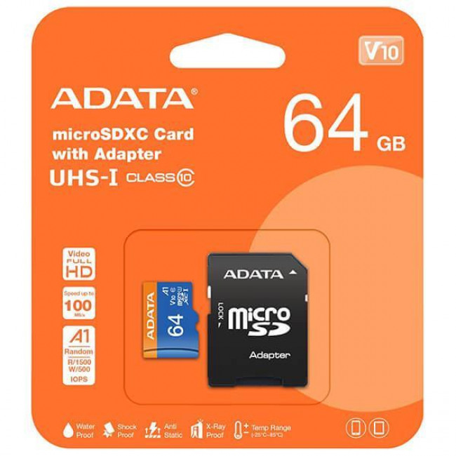 ΚΑΡΤΑ ΜΝΗΜΗΣ MICRO SD 64GB CLASS10 ADATΑ