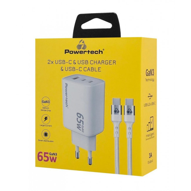 ΤΡΟΦΟΔΟΤΙΚΟ QC3.0 220V ΣΕ USB +2 TYPE C+ ΚΑΛΩΔΙΟ 65W ΤΑΧΥΦΟΡΤΙΣΤΗΣ POWERTECH PT 1415