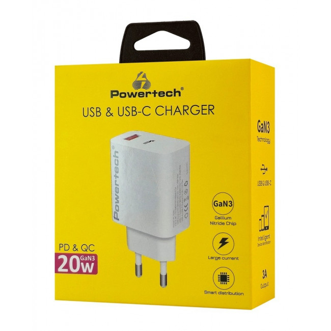 ΤΡΟΦΟΔΟΤΙΚΟ QC3.0 220V ΣΕ USB ΚΑΙ TYPE-C 20W ΤΑΧΥΦΟΡΤΙΣΤΗΣ GAN ΛΕΥΚΟ POWERTECH