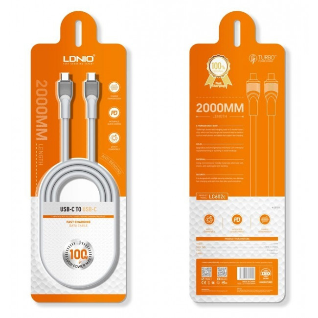 USB TYPE C- USB TYPE C 100W ΚΑΛΩΔΙΟ 2m ΓΚΡΙ LC-602C LDNIO