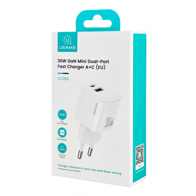 ΤΡΟΦΟΔΟΤΙΚΟ QC3.0 220V ΣΕ USB + TYPE C 30W GaN ΤΑΧΥΦΟΡΤΙΣΤΗΣ USAMS CC263 ΛΕΥΚΟ
