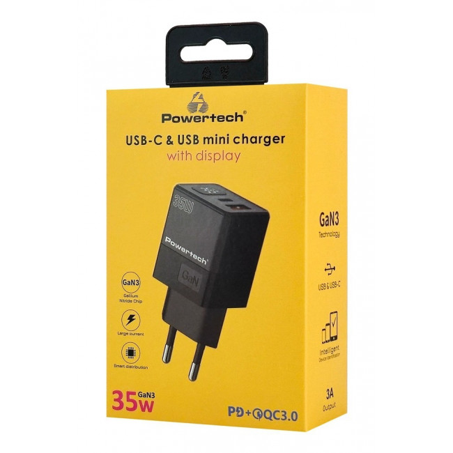 ΤΡΟΦΟΔΟΤΙΚΟ QC3.0 220V ΣΕ USB 35W GaN ΤΑΧΥΦΟΡΤΙΣΤΗΣ ΜΕ ΟΘΟΝΗ POWERTECH PT-1499