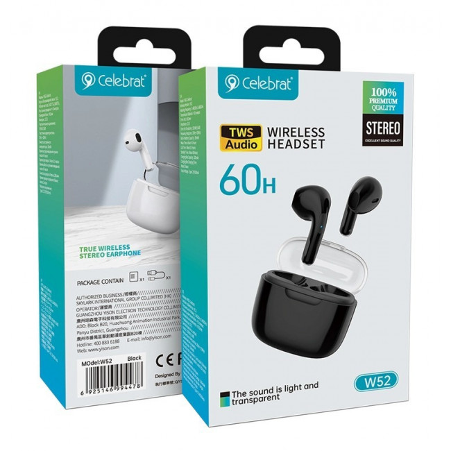 W52  BLUETOOTH TWS EARPHONES CELEBRAT ΜΕ ΘΗΚΗ ΦΟΡΤΙΣΗΣ ΜΑΥΡΟ