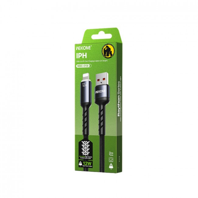 USB A - LIGHTNING ΚΑΛΩΔΙΟ ΜΕ LED ΓΙΑ iPHONE 1.2m 12W  ΜΑΥΡΟ WEKOME FAST WDC-C13i