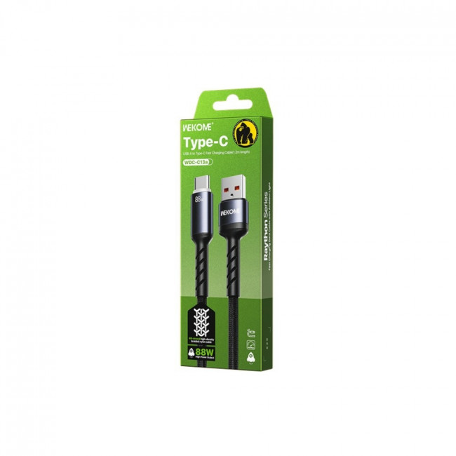 USB A - TYPE C ΚΑΛΩΔΙΟ ΜΕ LED ΓΙΑ iPHONE 1.2m 88W  ΜΑΥΡΟ WEKOME FAST WDC-C13a