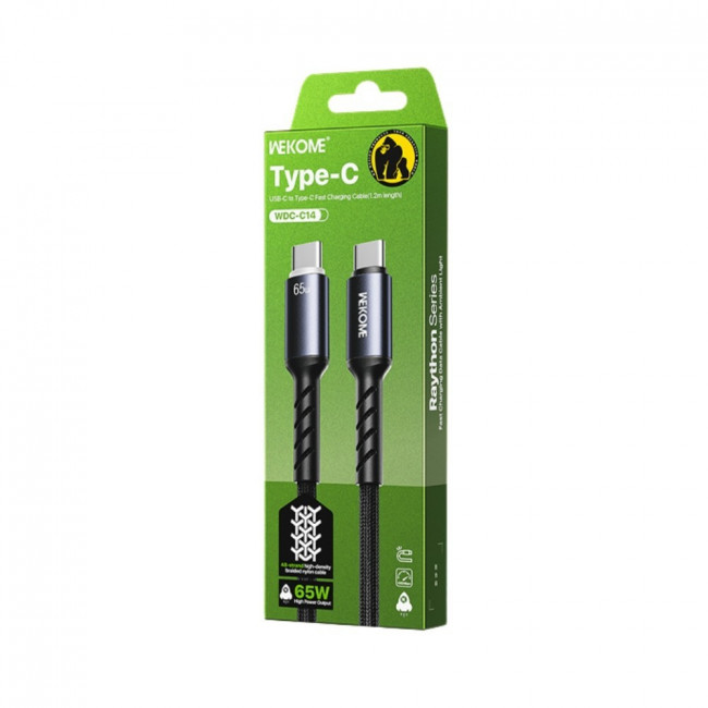 USB C - TYPE C ΚΑΛΩΔΙΟ ΜΕ LED ΓΙΑ iPHONE 1.2m 65W  ΜΑΥΡΟ WEKOME FAST WDC-C14