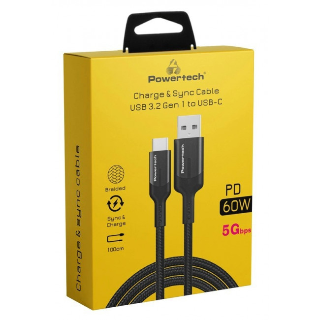 USB-A 3.2 GEN1 - USB-C PD 60W 5Gbps ΚΑΛΩΔΙΟ 1m POWERTECH PTR-0134 ΜΑΥΡΟ